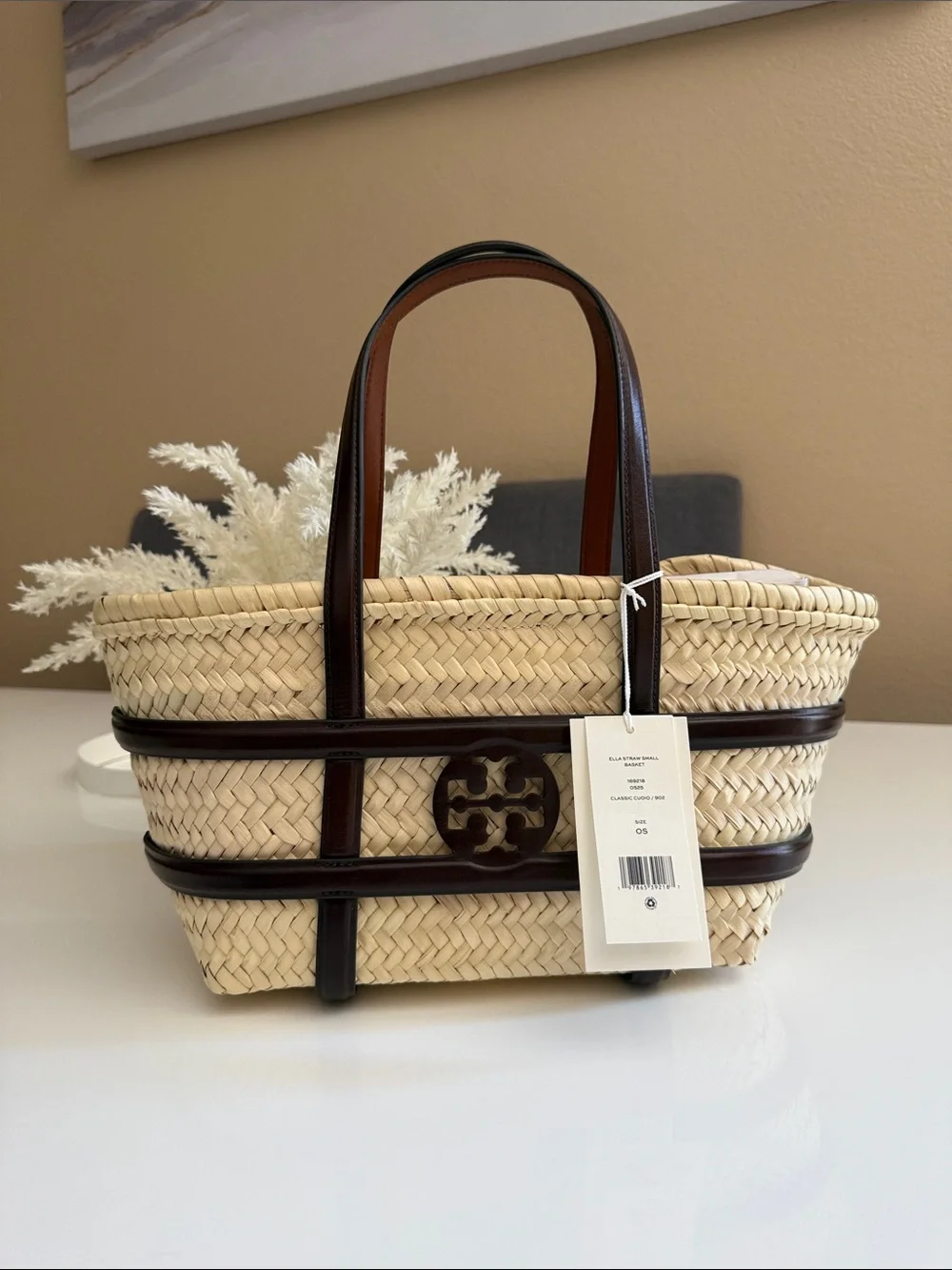 NWT , TORY BURCH ELLA STRAW SMALL BASKET SHOULDER BAG CLASSIC CUOIO